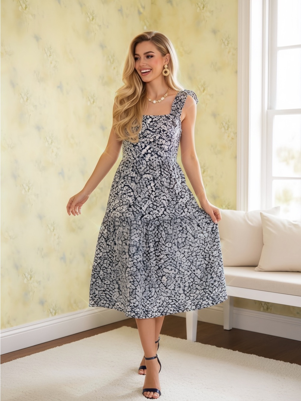 Vero Moda Navy and White Floral Square-Neck Midi Dress